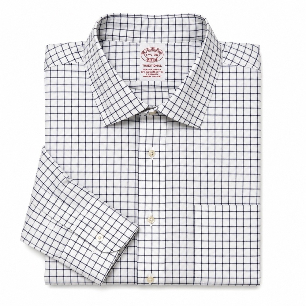 Brooks Brothers 17.5 36 Traditional Fit Non Iron Stretch Dress Shirt White Check